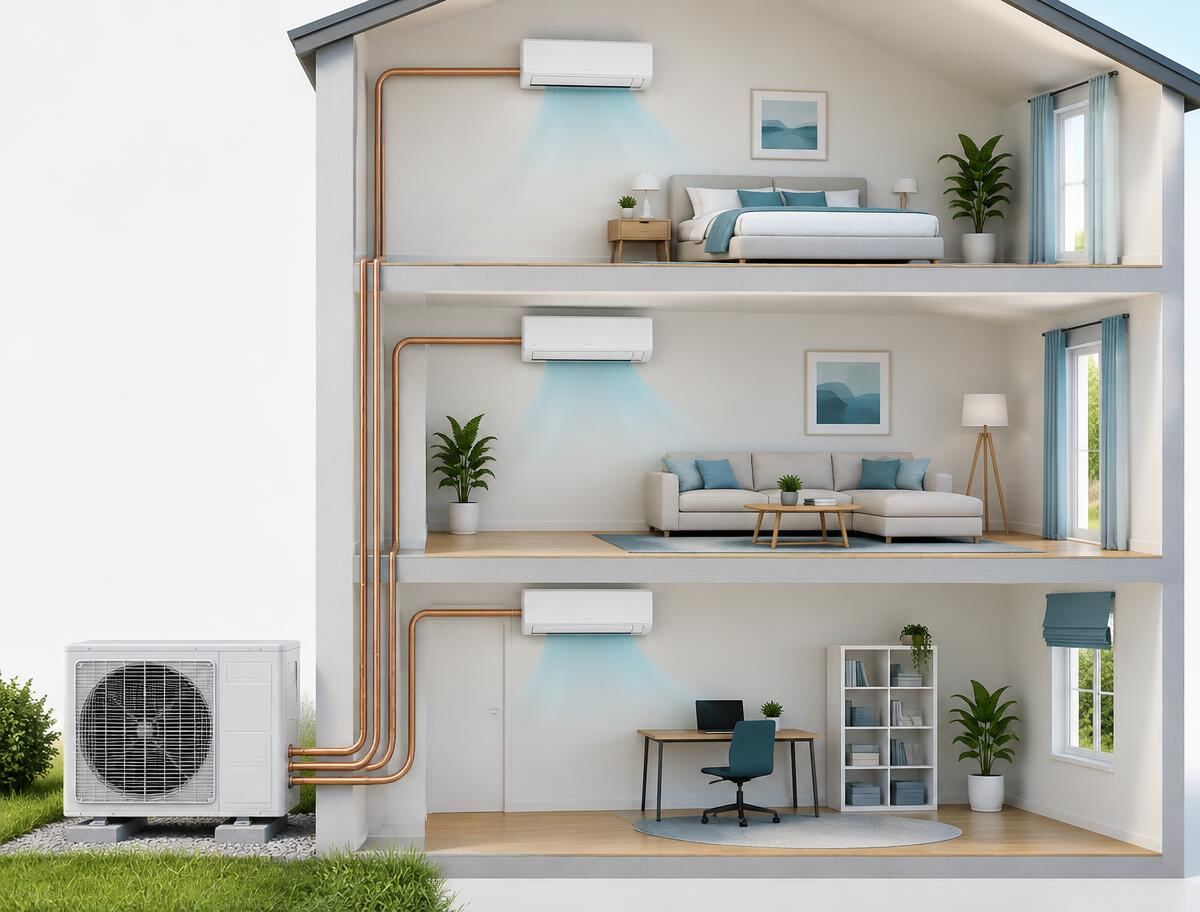 Esquema ilustrativo de multi split: uma condensadora externa ligada a três unidades internas em ambientes diferentes