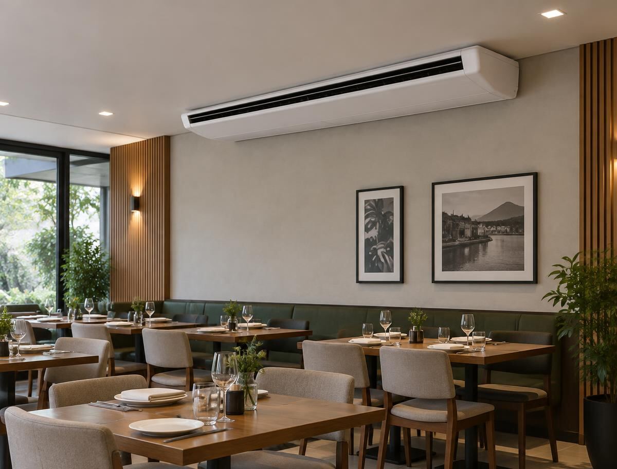 Imagem ilustrativa de aparelho piso teto, longo e horizontal, fixado junto ao teto de um restaurante